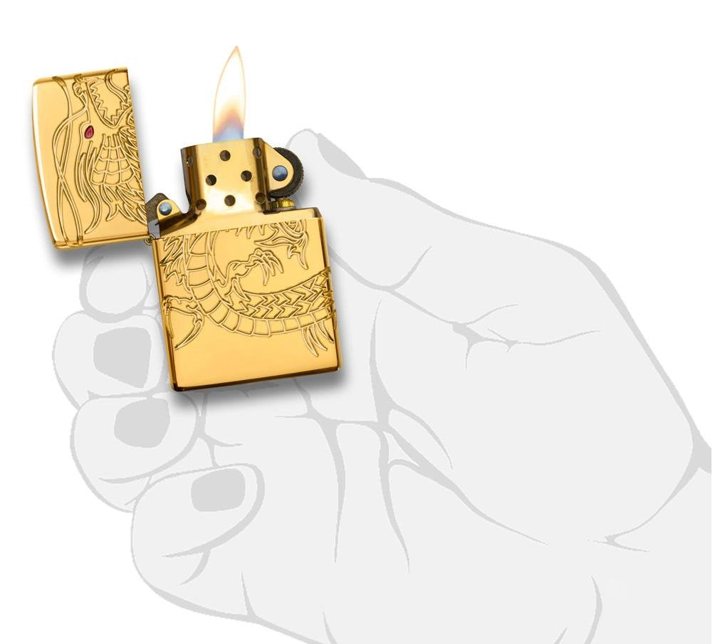 Zippo Lighter - Personalized Customize Message Engrave on Backside for Dragon Windproof Lighter Gold Plate Armor 29265