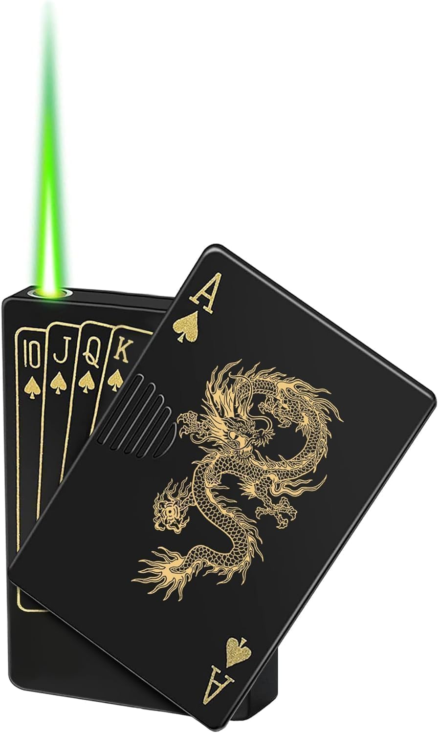 Jet Torch Lighter, Green Flame Dragon Card Lighter, Cool Poker Design Windproof Refillable Butane Lighter, for Outdoor, Indoor, Camping, BBQ, Candle, Birthday, Gift (Without Gas)