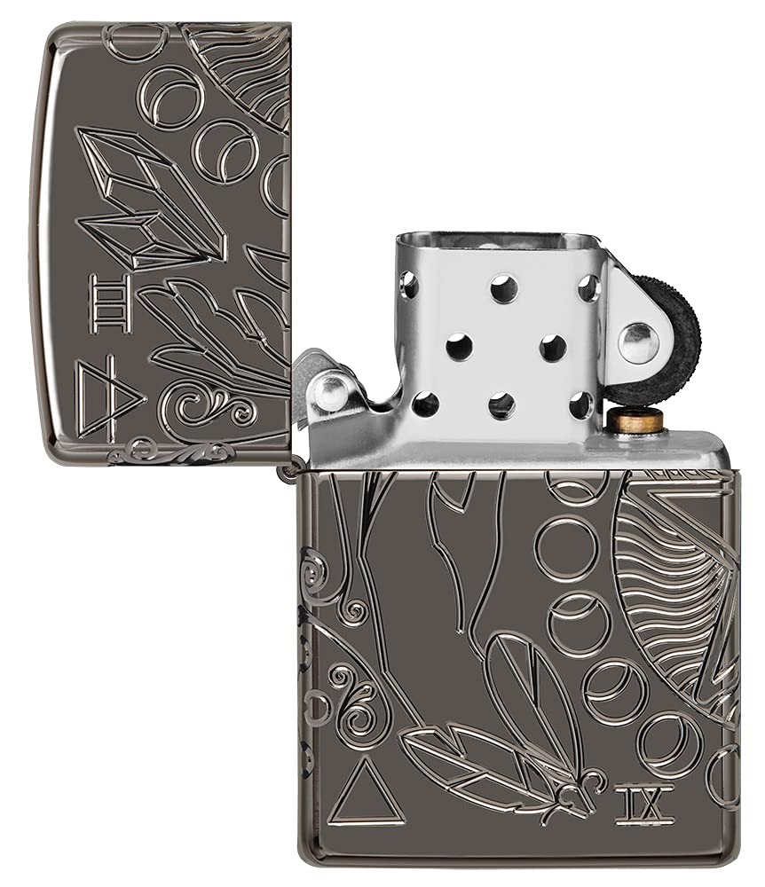Zippo Windproof Lighter - Wicca Design, Multi Cut - Armor High Polish Black Finish - Refillable - Reusable - Windproof Design - Gift Box - Metal - Made in USA