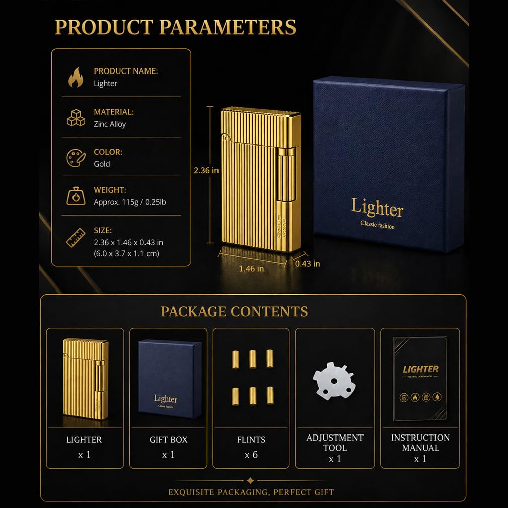 JIANCHEN Classic Metal EngravingButane Lighter, Refillable Soft Flame Flip-Top Lighter with Side Slide Ignition, Pocket Lighter for Daily Use or Gifting,Gold c