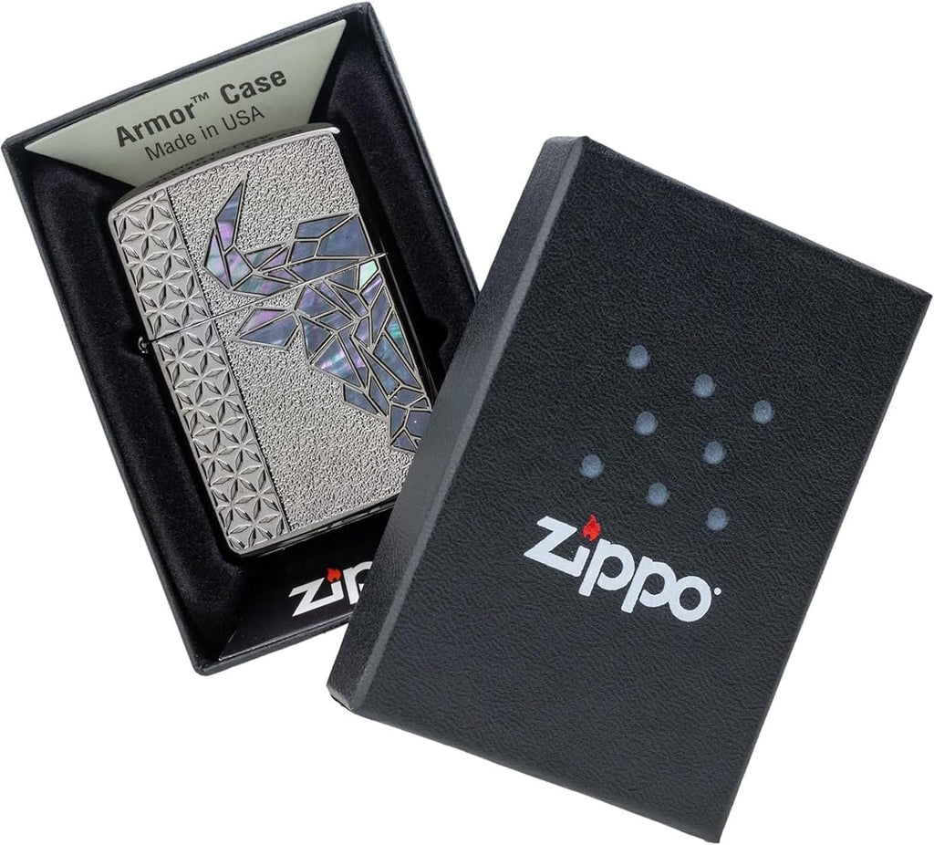 Zippo Lighter with Special Sticker, Windproof, Brass, Armor Zippo, Shell, Plating Coating, Etched, Double Sided, Serial Number, Black, Gift, Present