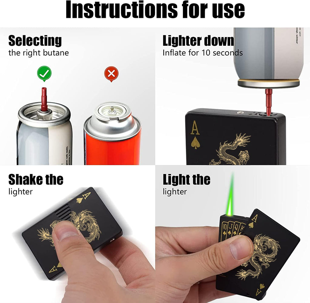 Jet Torch Lighter, Green Flame Dragon Card Lighter, Cool Poker Design Windproof Refillable Butane Lighter, for Outdoor, Indoor, Camping, BBQ, Candle, Birthday, Gift (Without Gas)