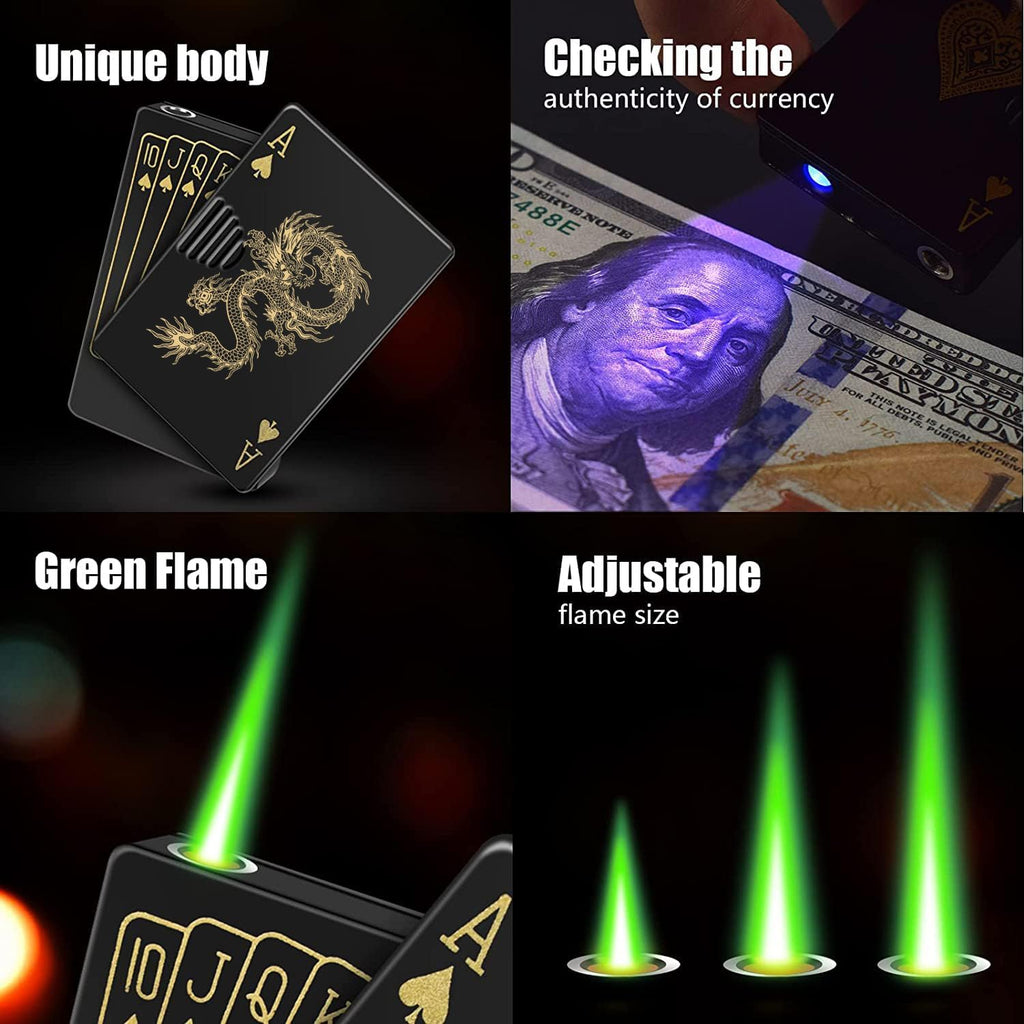 Jet Torch Lighter, Green Flame Dragon Card Lighter, Cool Poker Design Windproof Refillable Butane Lighter, for Outdoor, Indoor, Camping, BBQ, Candle, Birthday, Gift (Without Gas)
