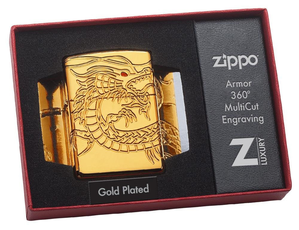 Zippo Lighter - Personalized Customize Message Engrave on Backside for Dragon Windproof Lighter Gold Plate Armor 29265