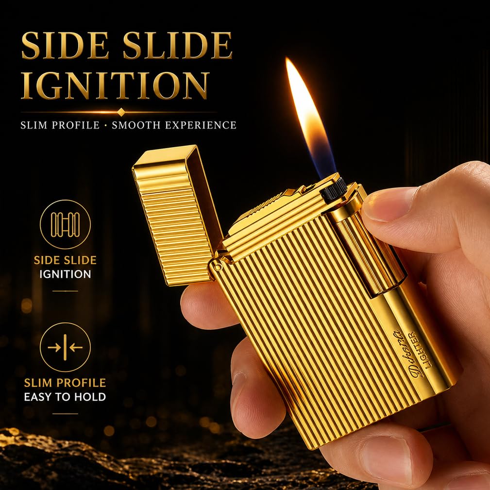 JIANCHEN Classic Metal EngravingButane Lighter, Refillable Soft Flame Flip-Top Lighter with Side Slide Ignition, Pocket Lighter for Daily Use or Gifting,Gold c